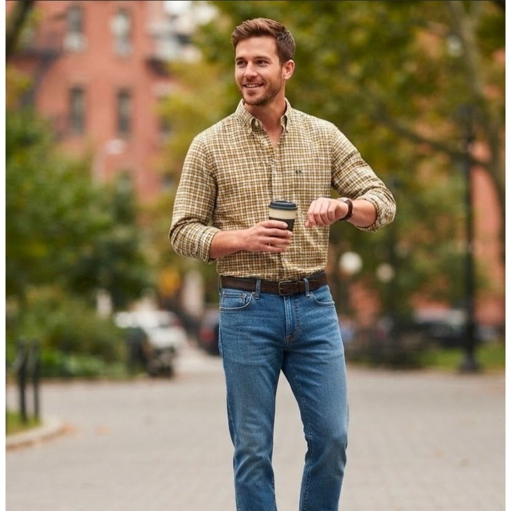 American Eagle Mens Rugged Oxford Shirt Large Yellow Plaid Button Down Casual
